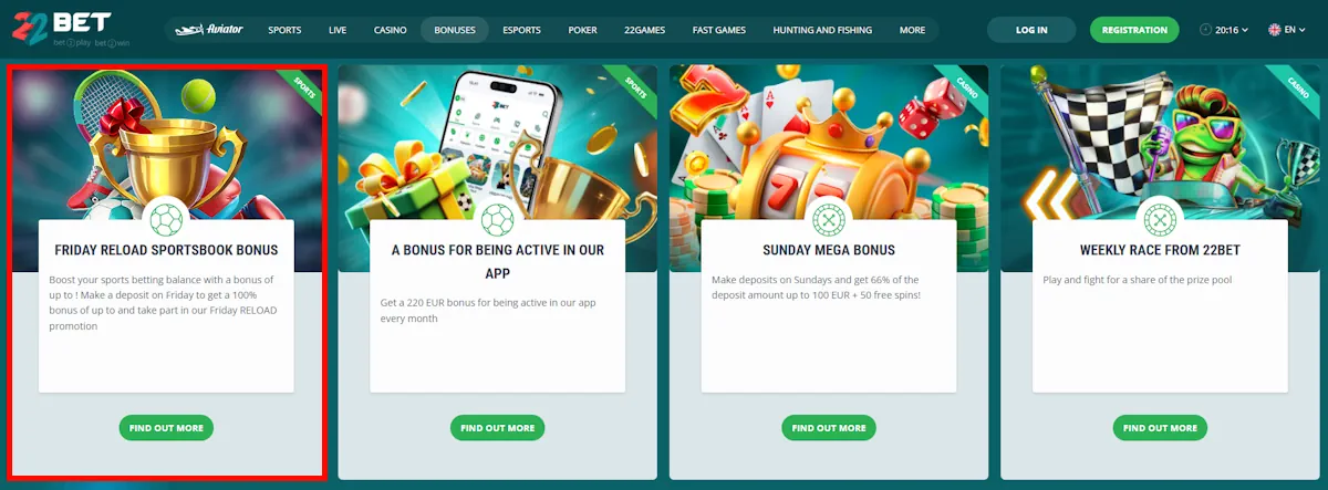 22bet Friday Reload Sportsbook Bonus and Other Bonuses Screenshot